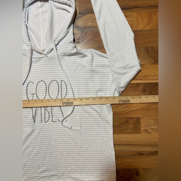 Rae Dunn Women's GOOD VIBES Soft Hoodie Sweatshirt Pale Sage Striped Size XS - Picture 5 of 8